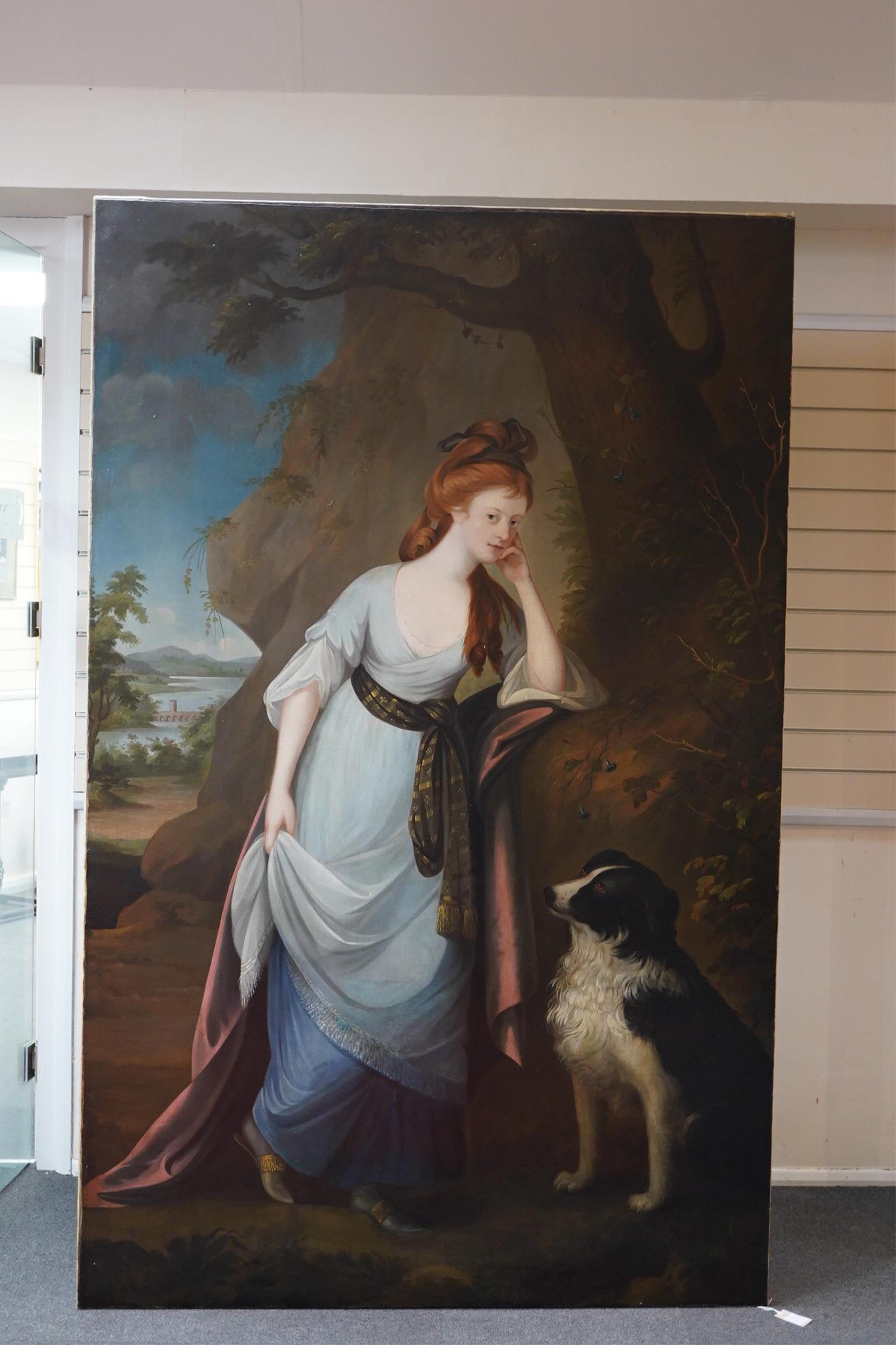 Circle of Anne Forbes (English, 1745-1834), Portrait of a lady, full length, in a white dress, with a dog in a landscape, oil on canvas, 229 x 145cm, unframed